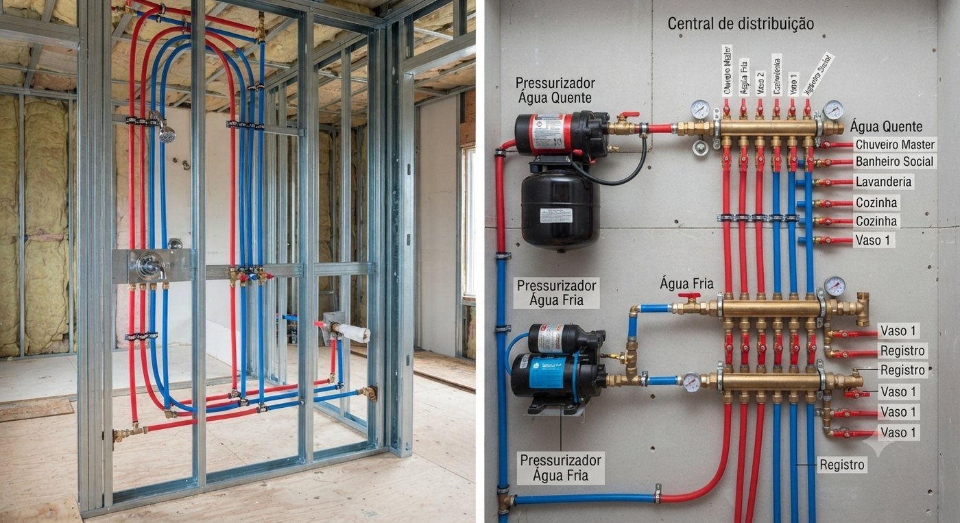 Distribuição PEX em Light Steel Frame e central de distribuição com manifold