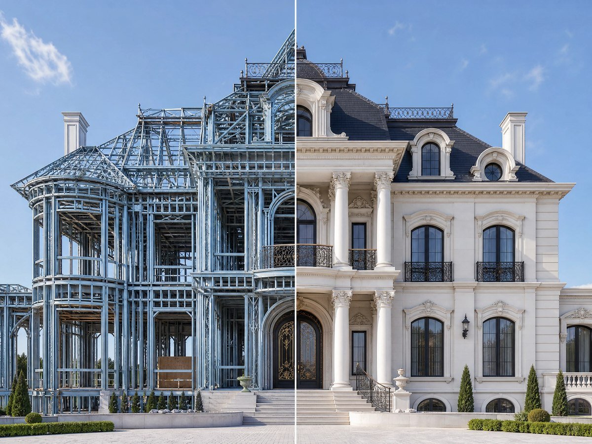 Antes e depois — estrutura Steel Frame e obra pronta